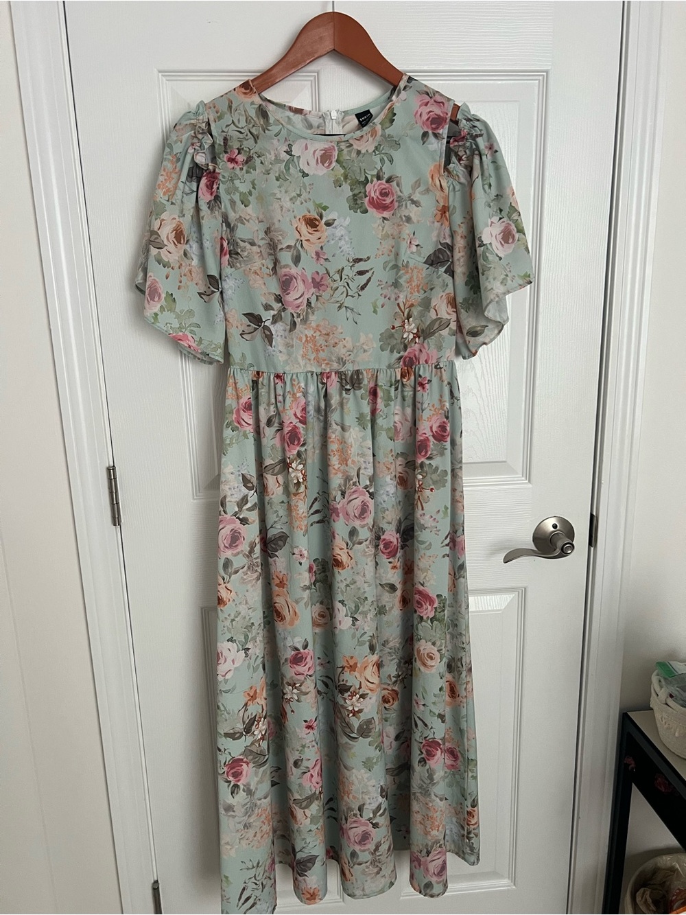 SHEIN Mint Floral Dress with Pink and Peach Roses